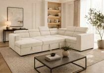ROOM-U, Canap&eacute; panoramique U non reversible avec meridienne coffre, Tissu Velours