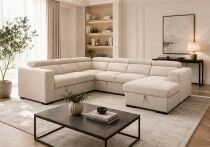 ROOM-U, Canap&eacute; panoramique U non reversible avec meridienne coffre, Tissu Velours