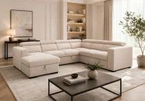 ROOM-U, Canap&eacute; panoramique U non reversible avec meridienne coffre, Tissu Velours