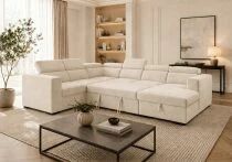 ROOM-U, Canap&eacute; panoramique U non reversible avec meridienne coffre, Tissu Velours