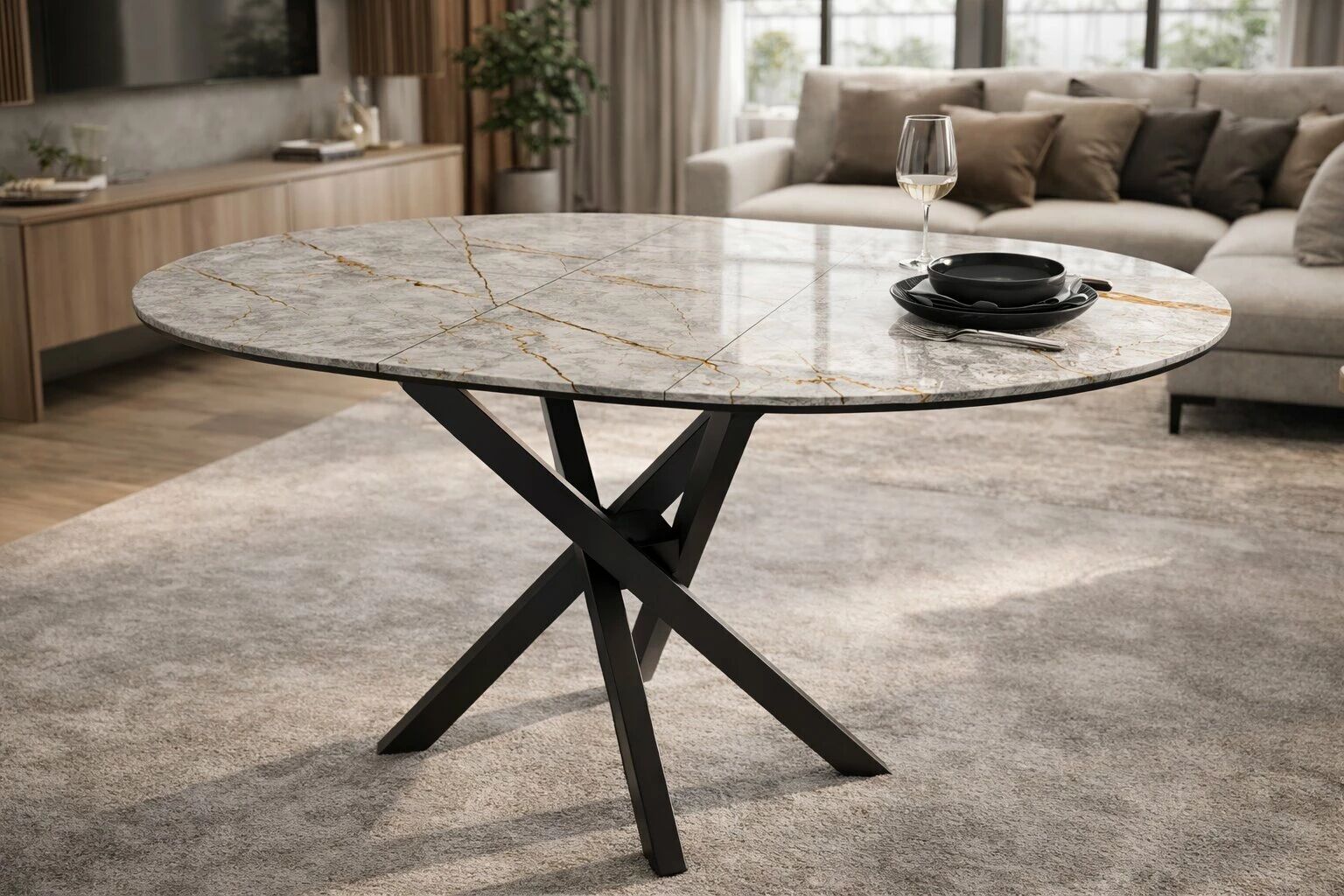 RUTA - Table ronde pieds style colonne 96cm+30cm Extension