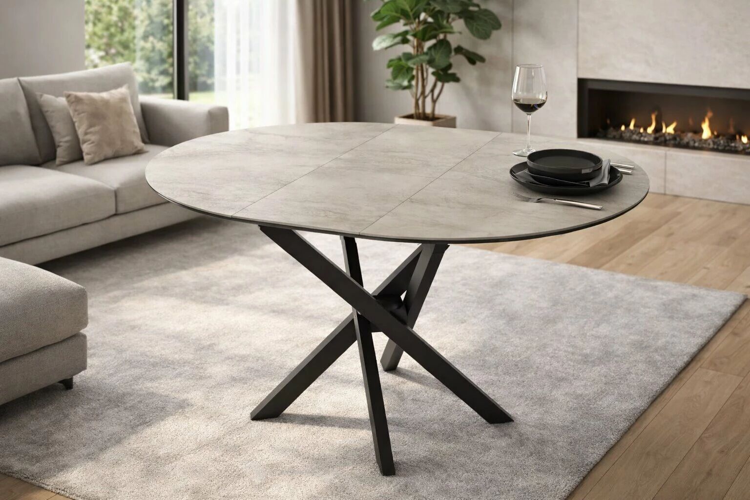 RUTA - Table ronde pieds style colonne 96cm+30cm Extension