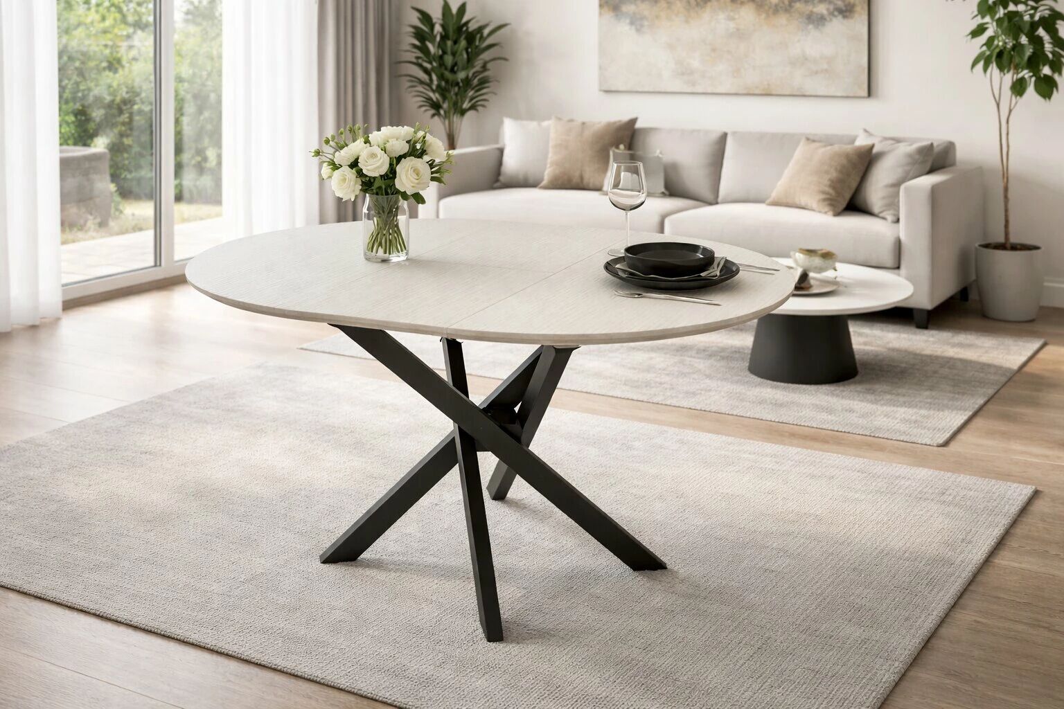 RUTA - Table ronde pieds style colonne 96cm+30cm Extension