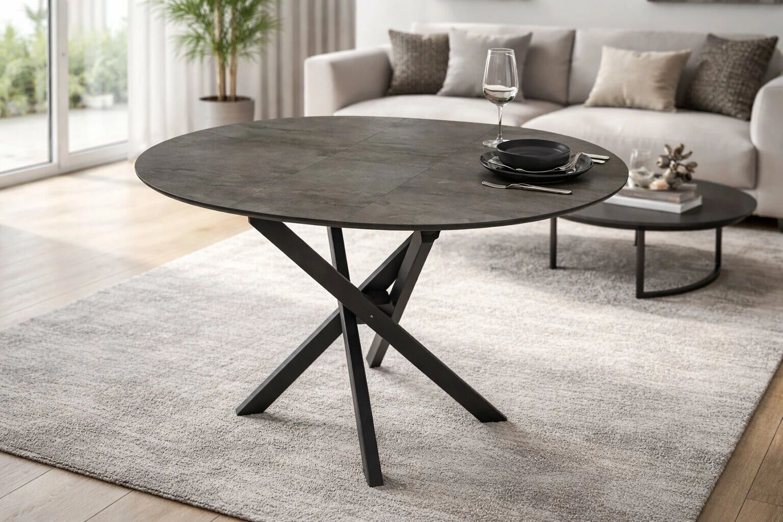 RUTA - Table ronde pieds style colonne 96cm+30cm Extension