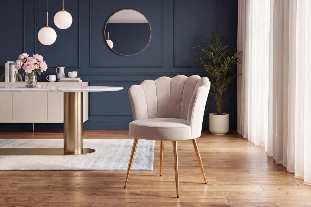 SHELLY, Chaise de repas, velours CREME/BEIGE + pieds m�tal dor�