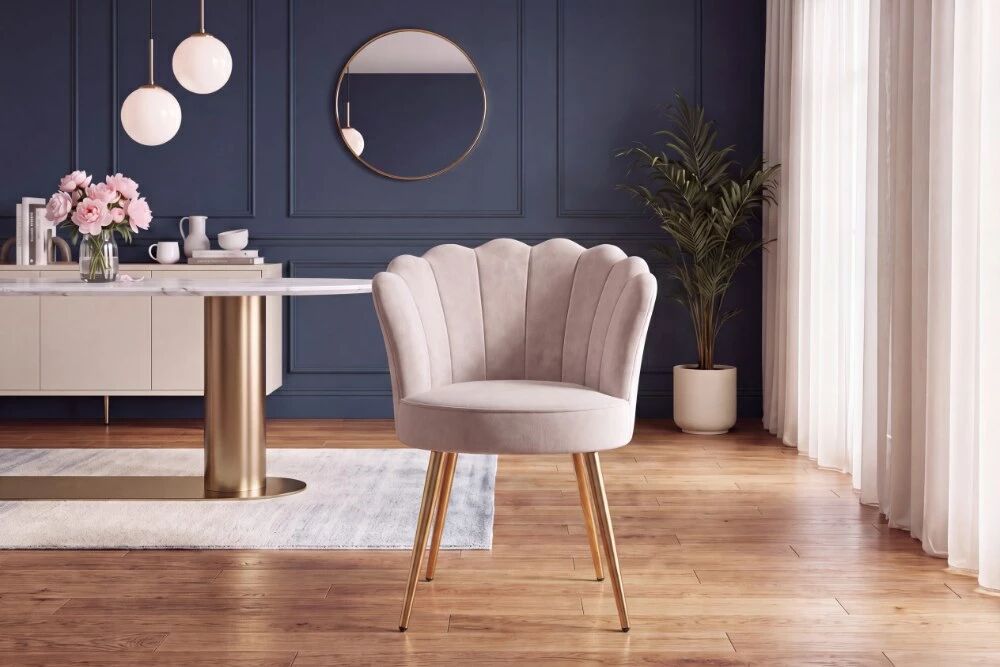 SHELLY, Chaise de repas, velours CREME/BEIGE + pieds m&eacute;tal dor&eacute;