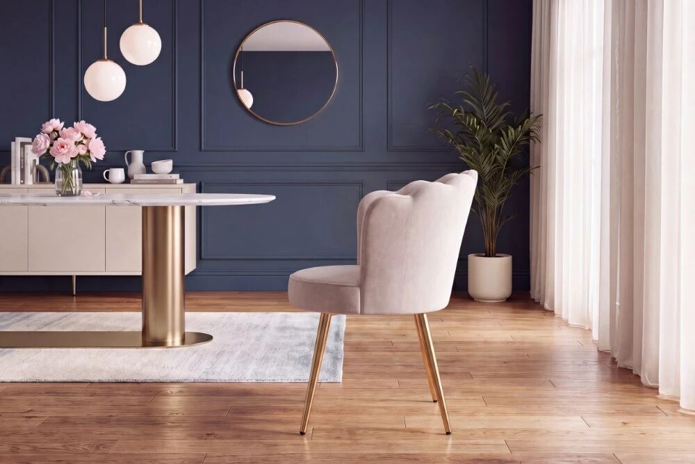 SHELLY, Chaise de repas, velours CREME/BEIGE + pieds m&eacute;tal dor&eacute;