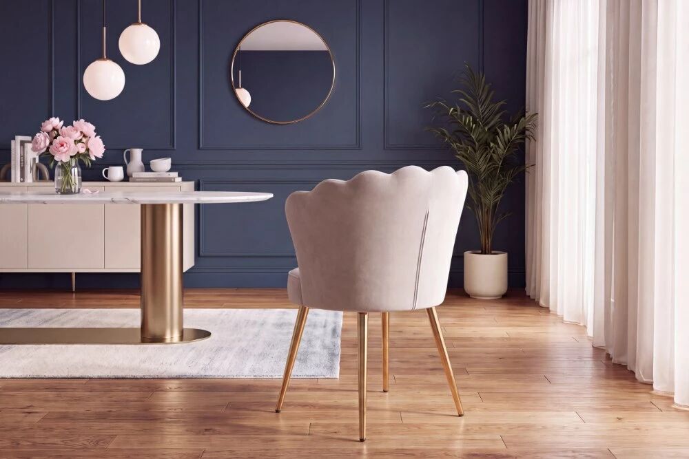 SHELLY, Chaise de repas, velours CREME/BEIGE + pieds m&eacute;tal dor&eacute;