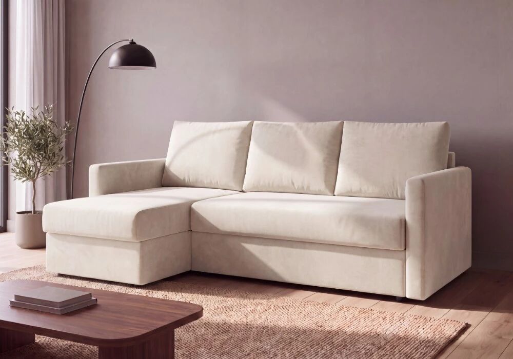 SIMPLY CORNER, Canap� d\'angle convertible Rapido, Couchage quotidien et reversible 140cm en velours Tiffany