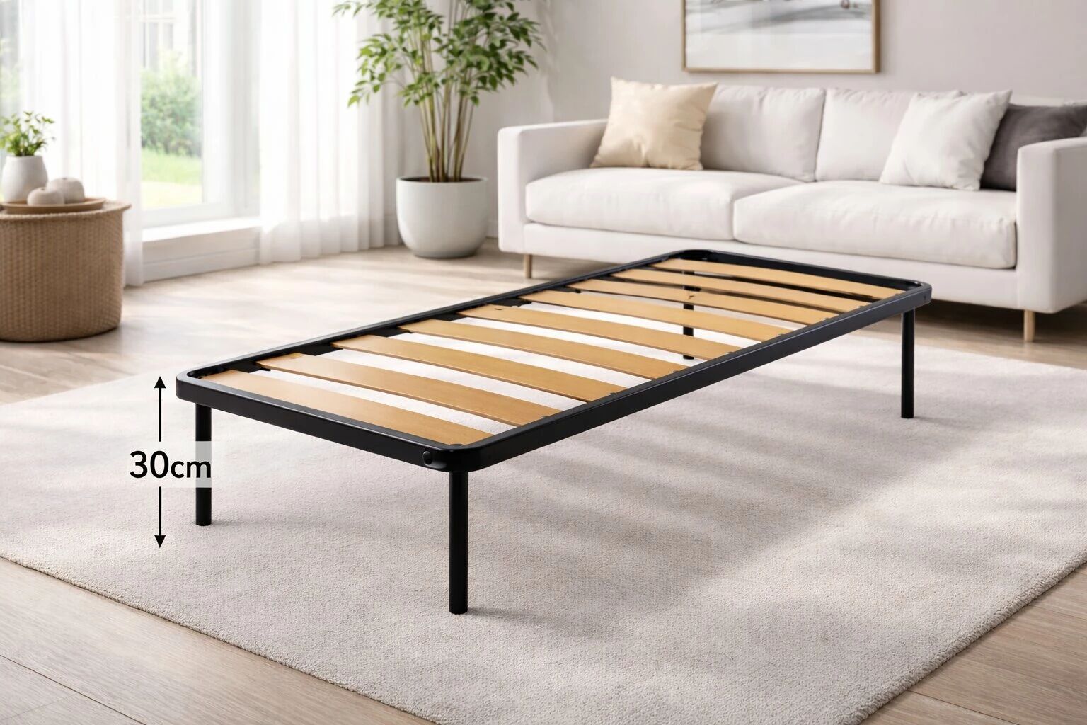 Sommier � grandes lattes de bois �paisses (toutes les dimensions), 4 pieds en m�tal 30cm inclus