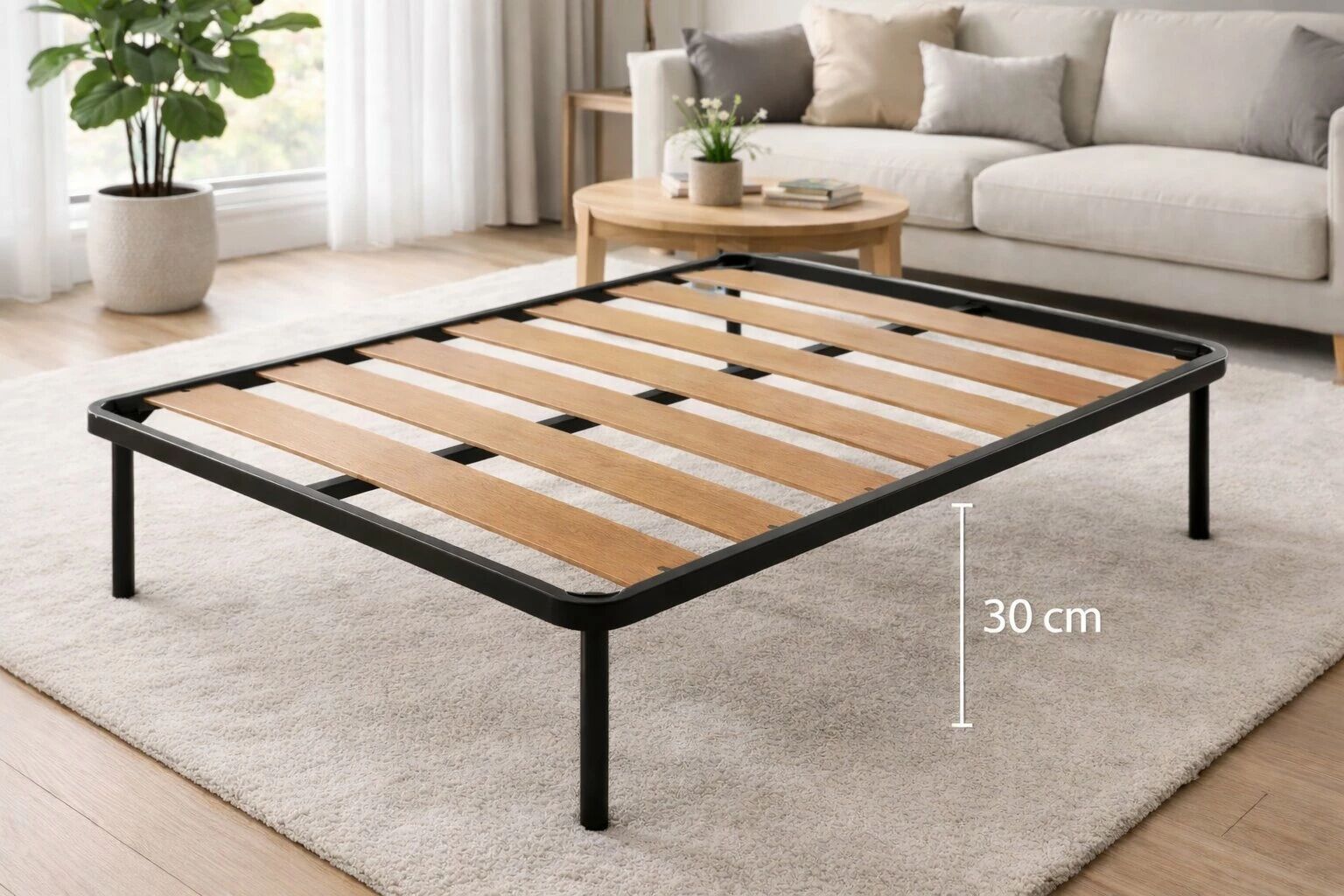 Sommier &agrave; grandes lattes de bois &eacute;paisses (toutes les dimensions), 4 pieds en m&eacute;tal 30cm inclus