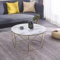 Table basse, pieds chromés or et dessus en bois stratifié effet marbre