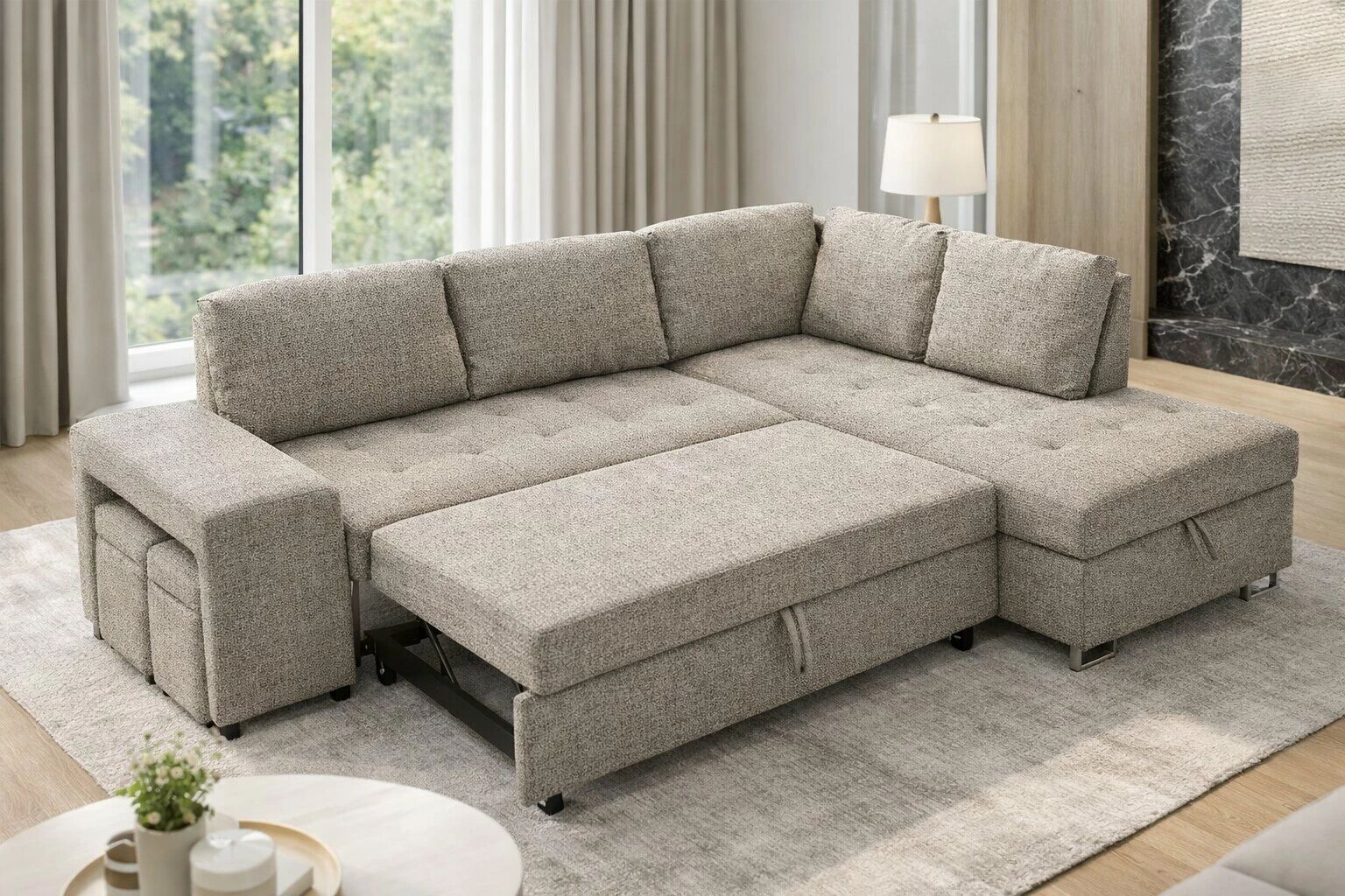 TIME, Canap&eacute; d\'angle NON REVERSIBLE  convertible Gigogne, avec 2 Poufs