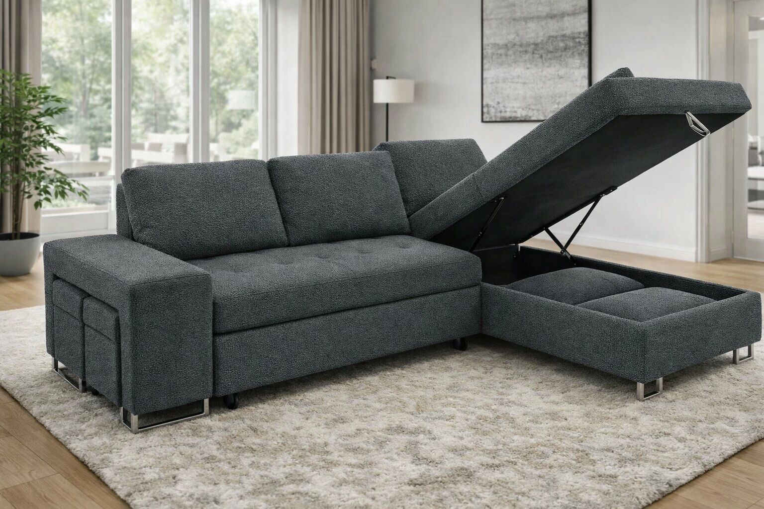 TIME, Canap&eacute; d\'angle NON REVERSIBLE  convertible Gigogne, avec 2 Poufs