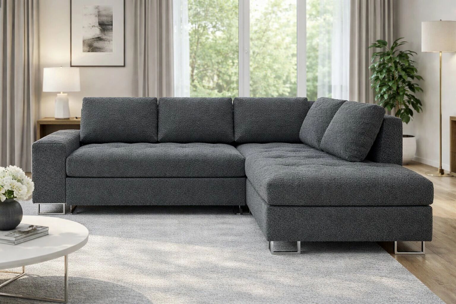 TIME, Canap&eacute; d\'angle NON REVERSIBLE  convertible Gigogne, avec 2 Poufs