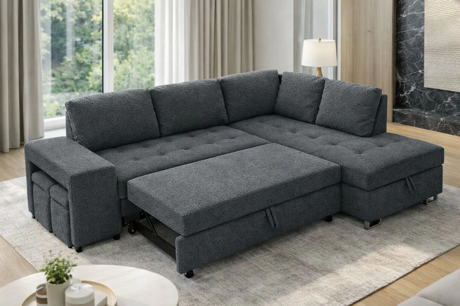 TIME, Canap&eacute; d\'angle NON REVERSIBLE  convertible Gigogne, avec 2 Poufs