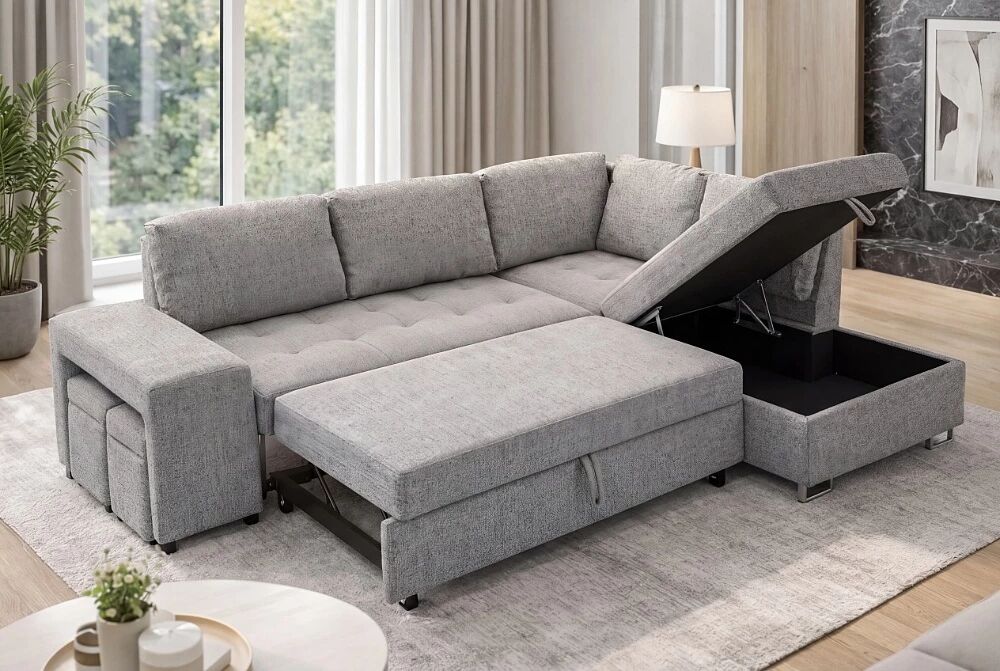 TIME, Canap&eacute; d\'angle NON REVERSIBLE  convertible Gigogne, avec 2 Poufs