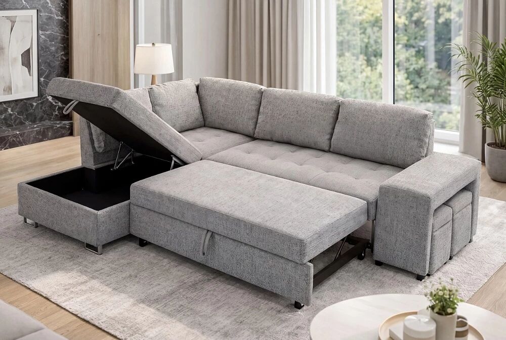 TIME, Canap&eacute; d\'angle NON REVERSIBLE  convertible Gigogne, avec 2 Poufs