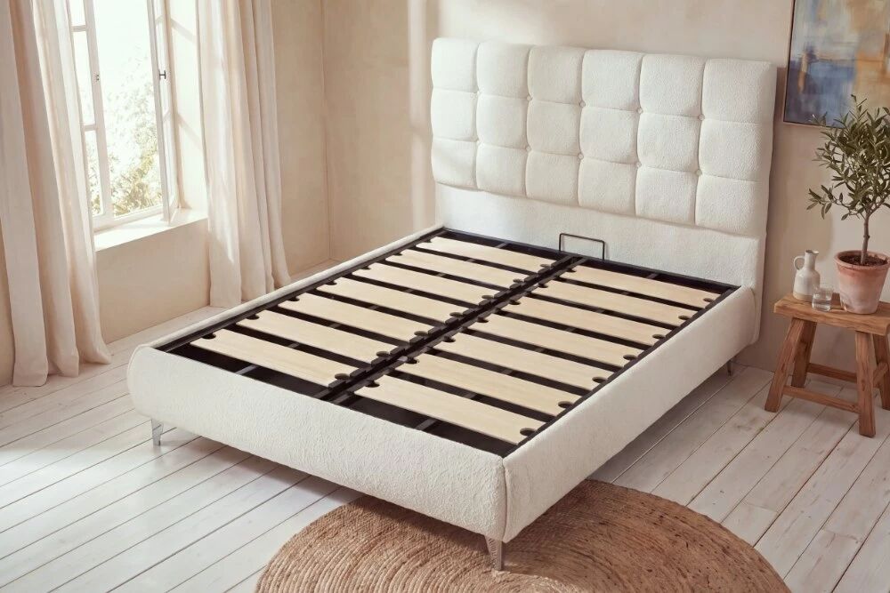 WAVE, Lit coffre en tissu boucl&eacute;, sans matelas