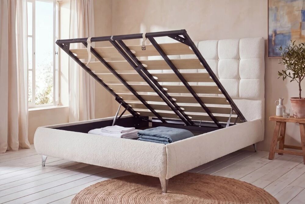 WAVE, Lit coffre en tissu boucl&eacute;, sans matelas